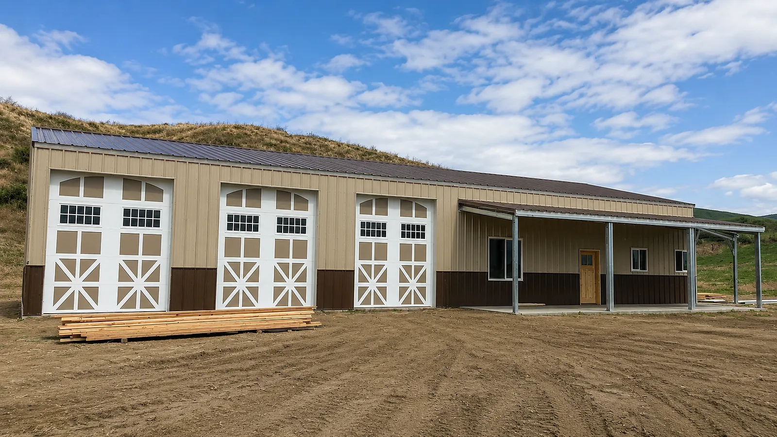Tan post-frame barn with carriage doors