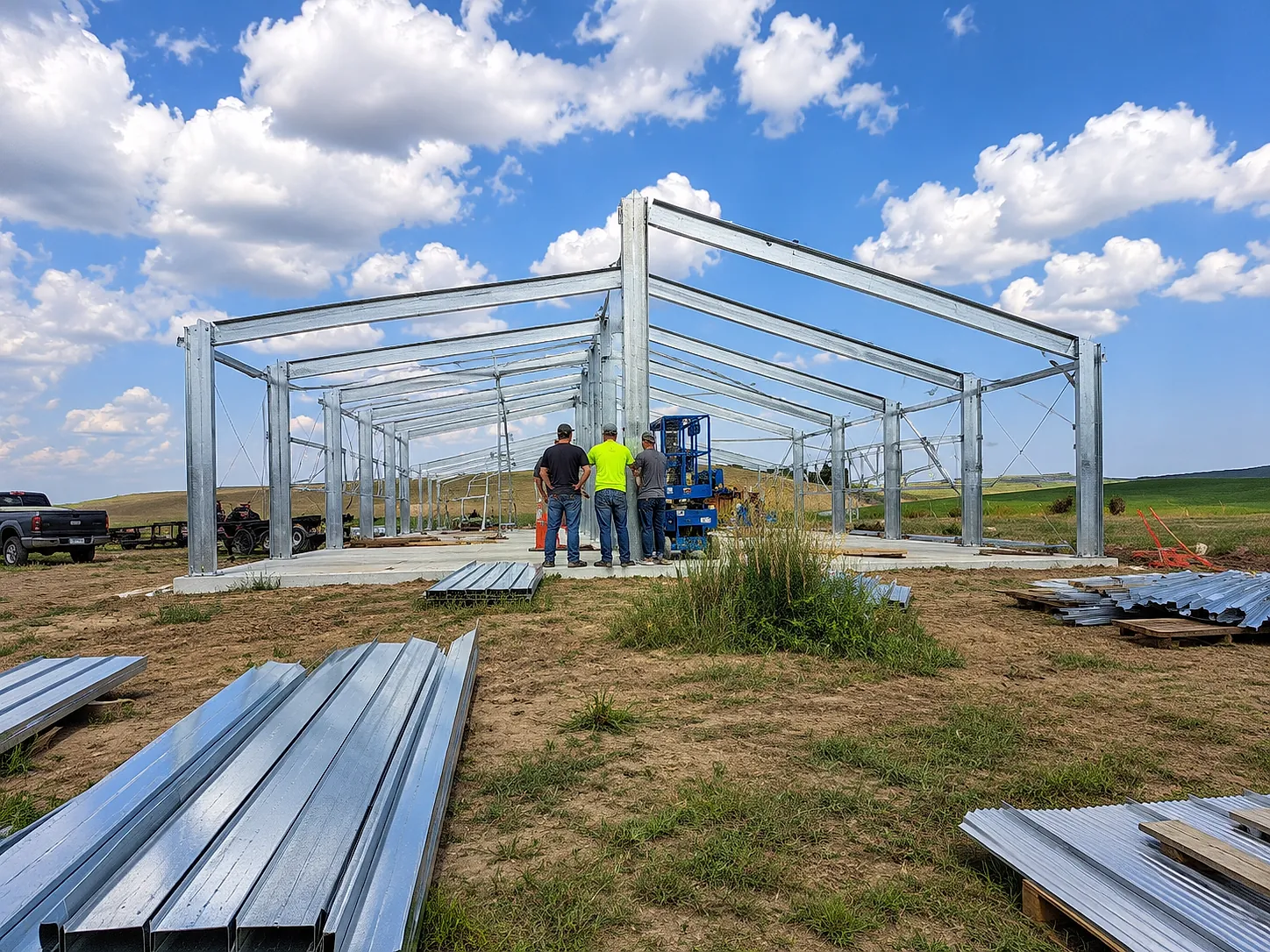 Red iron steel framing crew on site