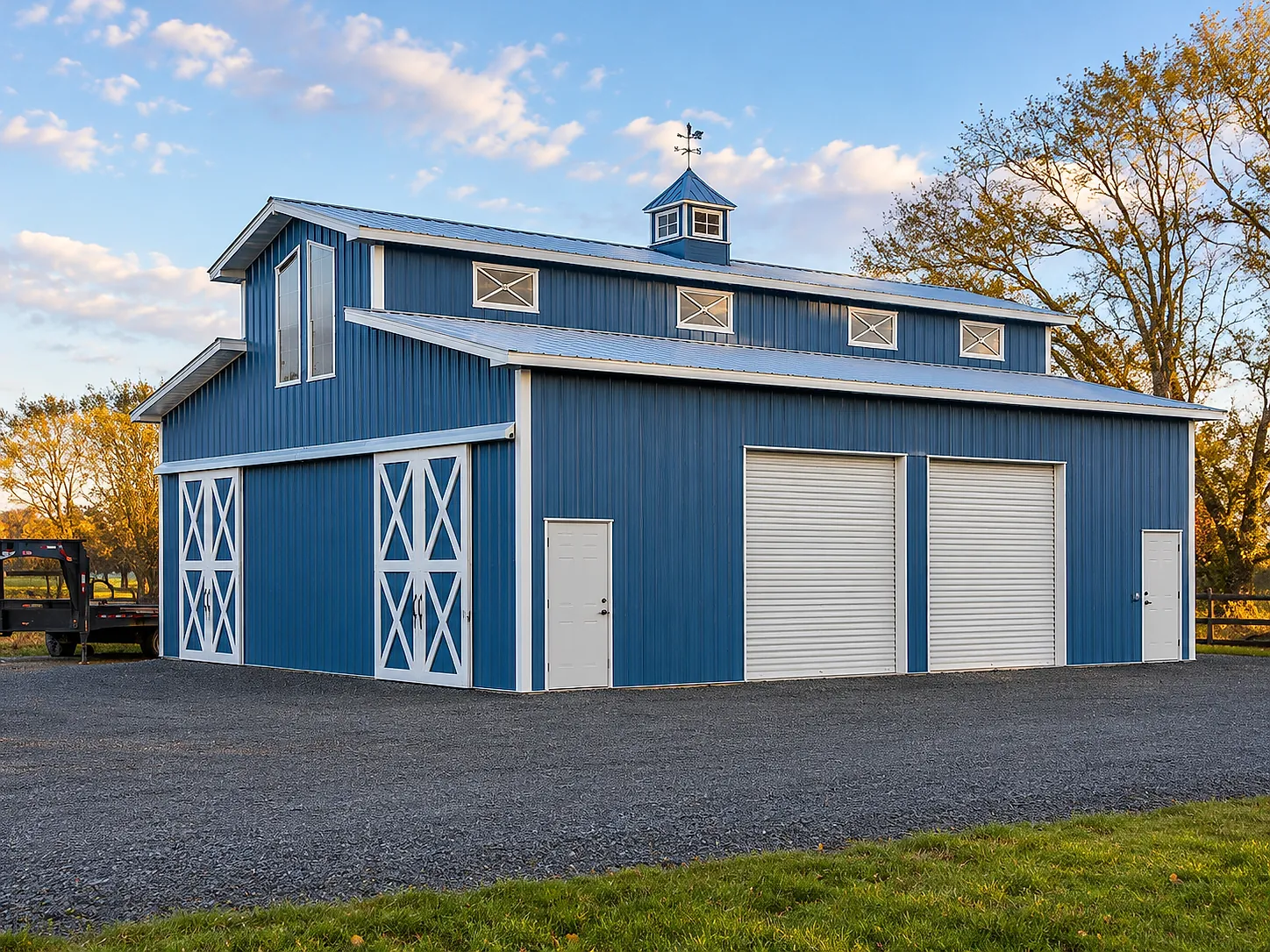 Post-frame barndominium at golden hour built by Ironworks